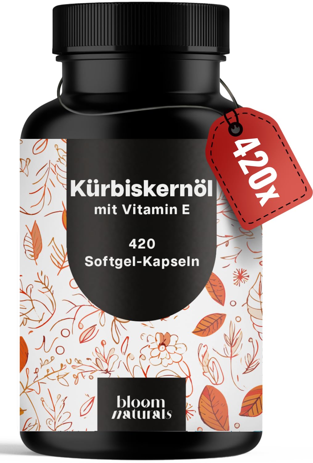 Kürbiskernöl Kapseln Hochdosiert mit Vitamin E - 420 Softgel-Kapseln - 3000 mg Kürbiskernöl pro Tag 