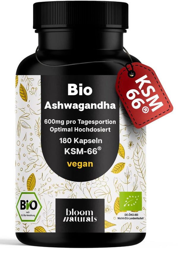 Hochdosierte Bio Ashwagandha Kapseln 600 mg - 180 Stück