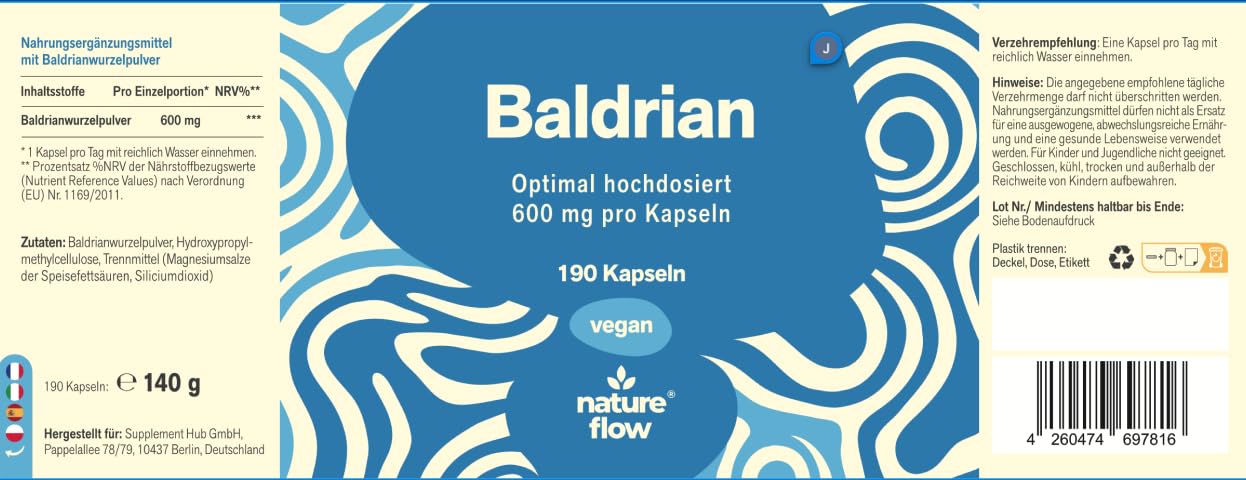 Baldrian Hochdosiert – 190 Kapseln – 1200 mg Baldrianwurzelpulver pro Tagesportion – Vegan – produzi