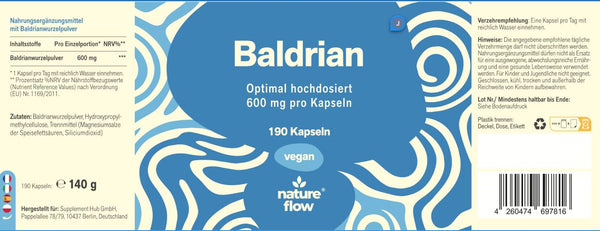 Baldrian Hochdosiert – 190 Kapseln – 1200 mg Baldrianwurzelpulver pro Tagesportion – Vegan – produzi