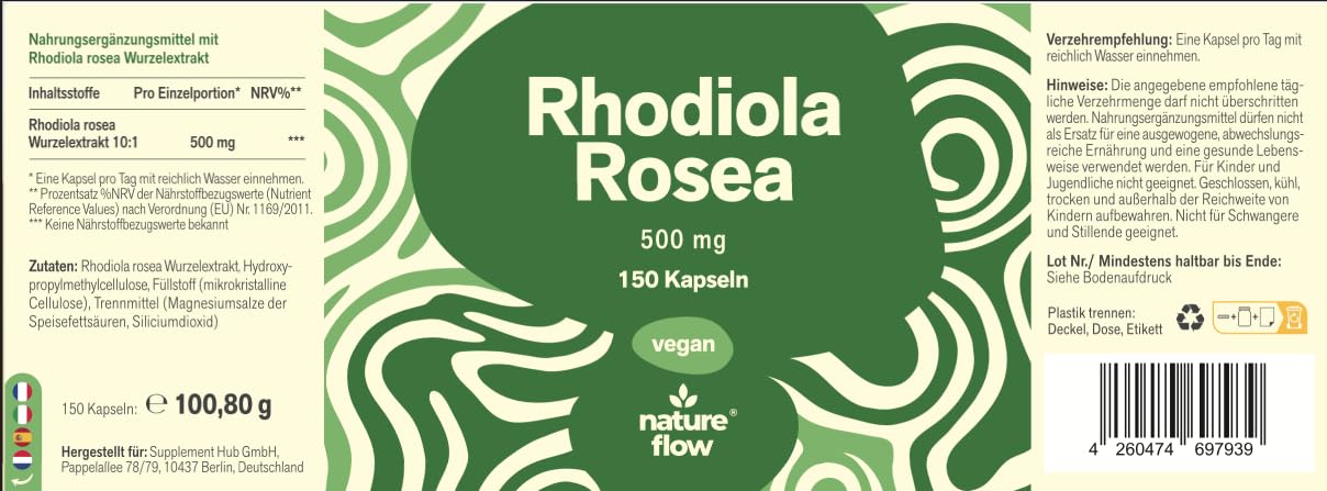 Rhodiola Rosea Kapseln Hochdosiert - 200 Kapseln - 500 mg aus 10:1 Extrakt pro Kapsel - Rosenwurz Ka
