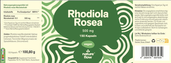 Rhodiola Rosea Kapseln Hochdosiert - 200 Kapseln - 500 mg aus 10:1 Extrakt pro Kapsel - Rosenwurz Ka