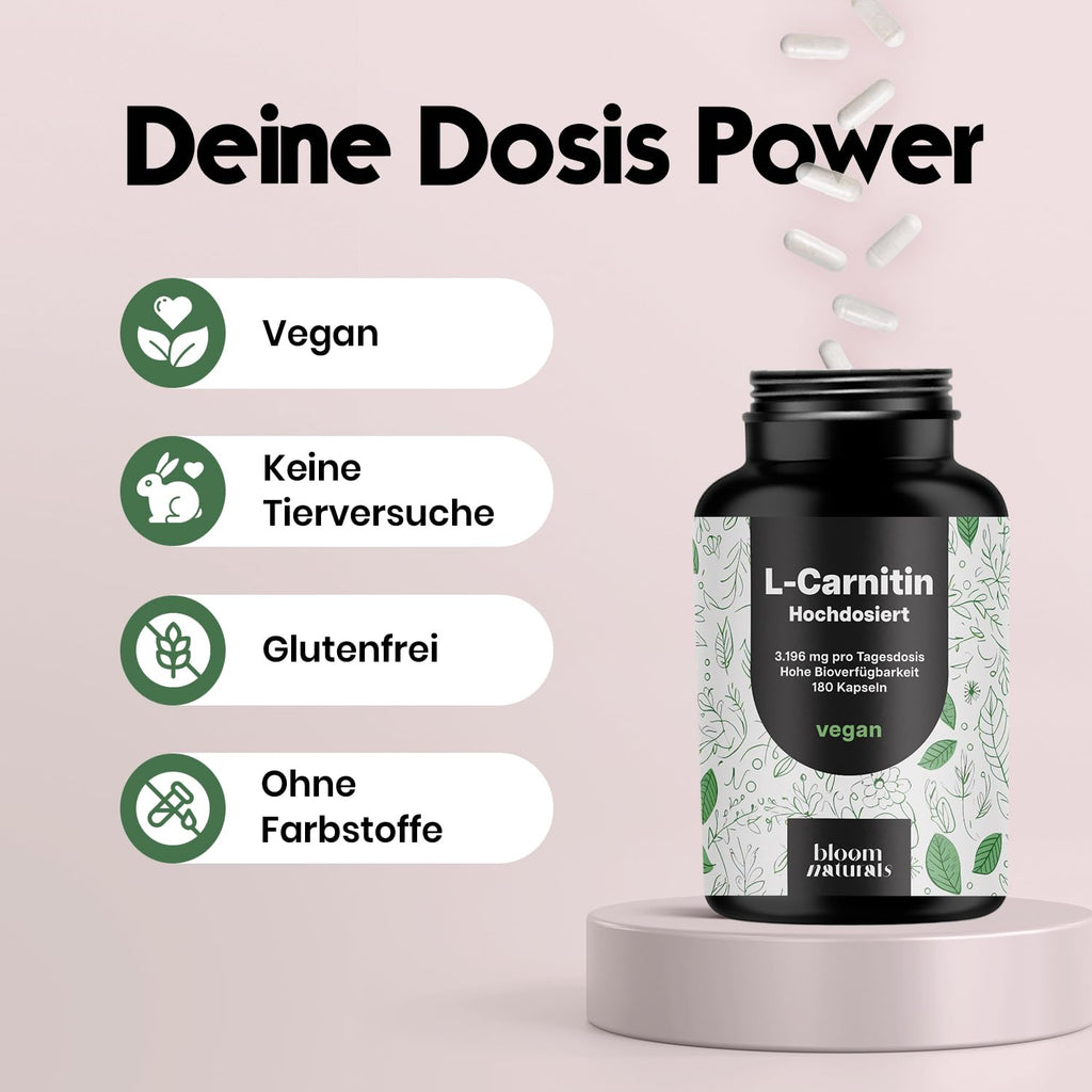 Hochdosierte L-Carnitin Kapseln 3196mg - 180 Vegane Kapseln