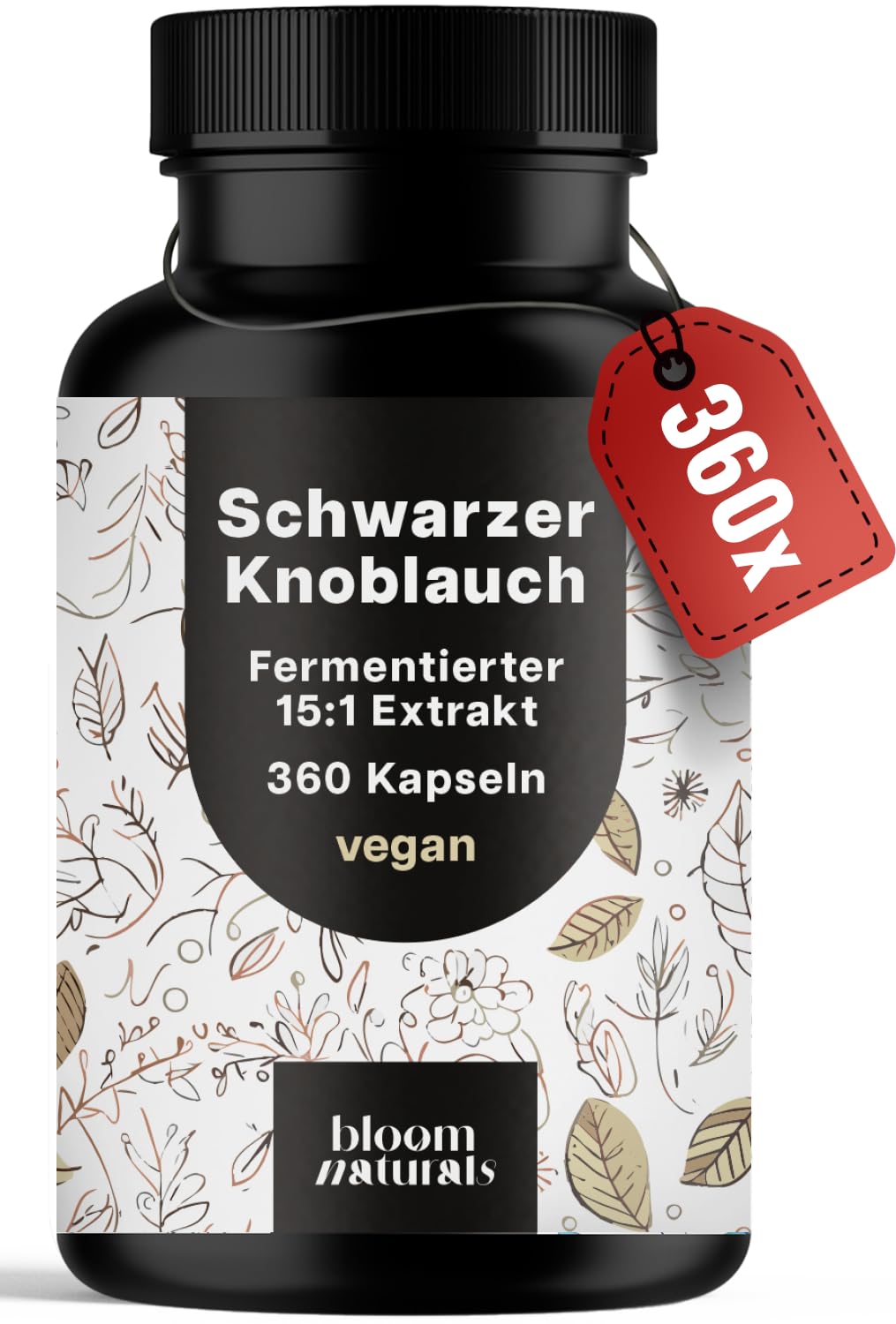 Schwarzer Knoblauch Kapseln - 360 Kapseln - Fermentierter 15:1 Extrakt - Vegan - Produziert in Deuts