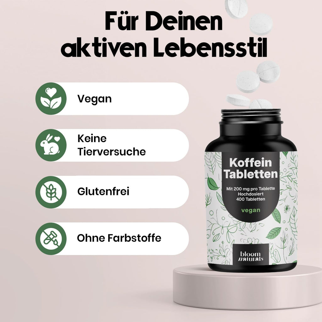 Hochdosierte Koffeintabletten – 400 Stück, 200 mg vegan