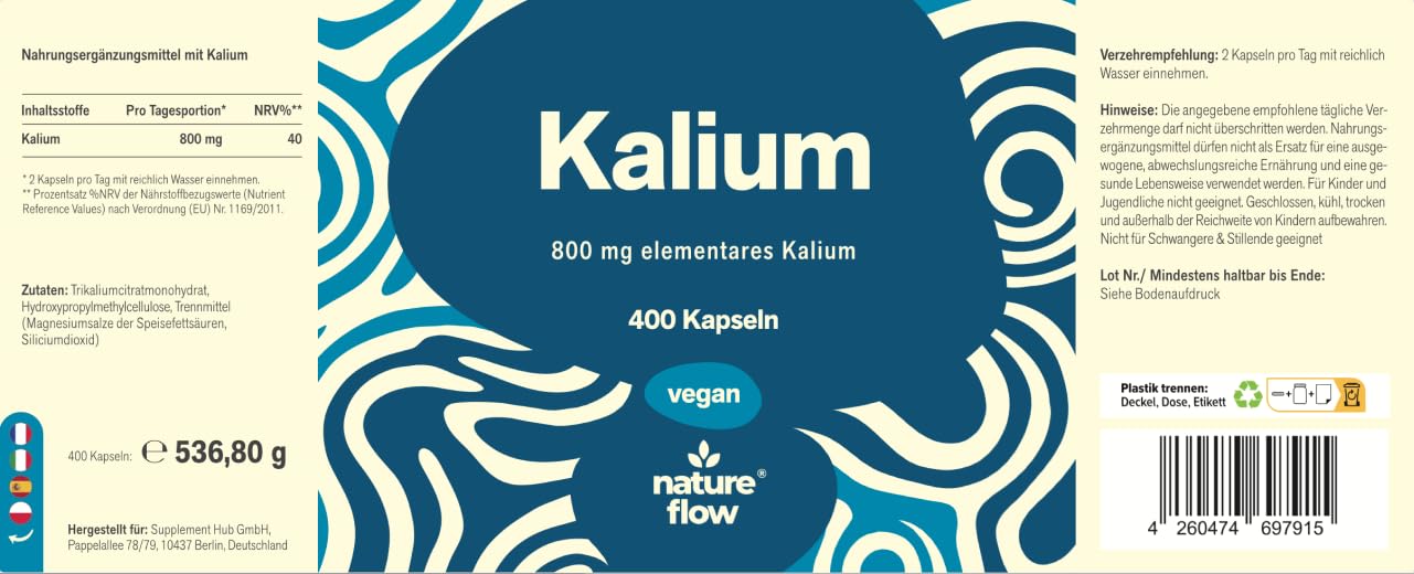 Kalium 400 Kapseln – 800mg elementares Kalium aus Kaliumcitrat, Vegan & hochdosiert, Für Muskelkraft