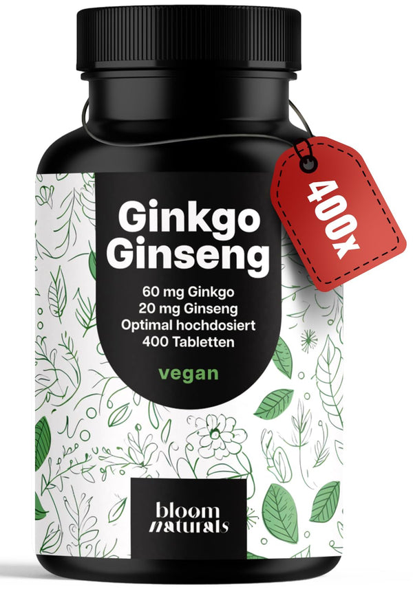 Hochdosierte Ginkgo + Ginseng Tabletten - 400 Stück, Vegan