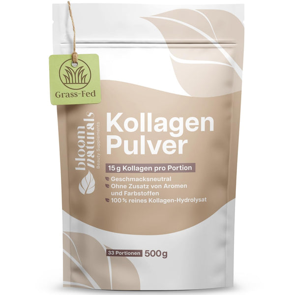 Grassgefüttertes Collagen Pulver 500g - Hochdosiert & Geschmacksneutral Kollagen Hydrolysat Pulver, Peptid Typ 1 & 3 - Kollagen Peptide - produziert in Deutschland - Verpackung kann variieren