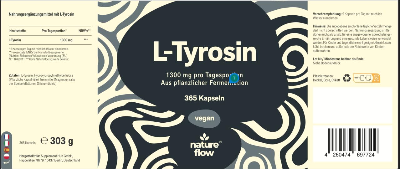 L-Tyrosin hochdosiert - 365 Kapseln - 1300 mg pro Tagesportion - vegan - aus pflanzlicher Fermentati