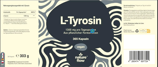 L-Tyrosin hochdosiert - 365 Kapseln - 1300 mg pro Tagesportion - vegan - aus pflanzlicher Fermentati