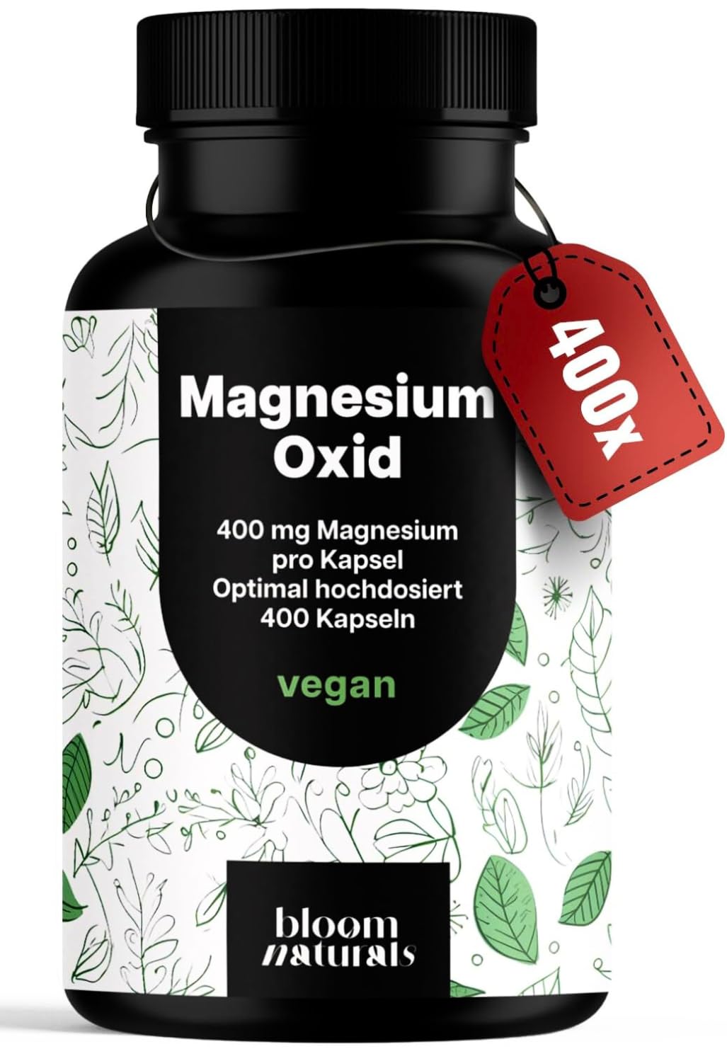 Magnesium oxid 400mg Kapseln - Hochdosiert, Vegan, 400 Stück
