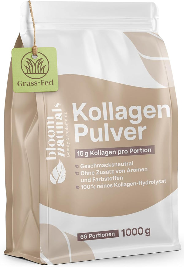 Grassgefüttertes Collagen Pulver 1000g (1 KG) - Hochdosiert & Geschmacksneutral Kollagen Hydrolysat Pulver, Peptid Typ 1 & 3 - Kollagen Peptide - abgefüllt in Deutschland Laborgeprüft