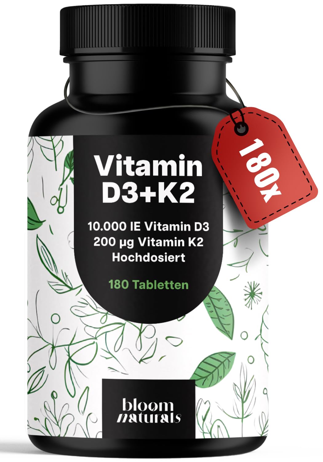 Hochdosiertes Vitamin D3 K2 - 180 Tabletten - 10000 IE