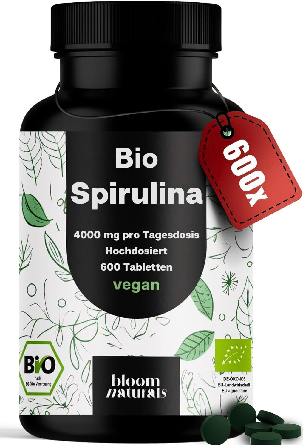 Hochdosierte Bio Spirulina Tabletten - 600 Stück, Vegan
