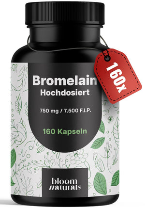 Bromelain Kapseln Hochdosiert - 160 Stück - 750 mg / 7500 F.I.P. Magensaftresistent, Ananas - Produziert in Deutschland - Verpackung kann variieren Laborgeprüft