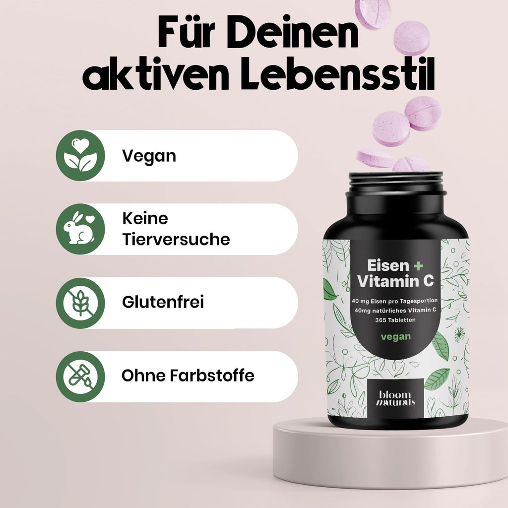 Eisen + Vitamin C - 365 vegane Tabletten, Laborgeprüft