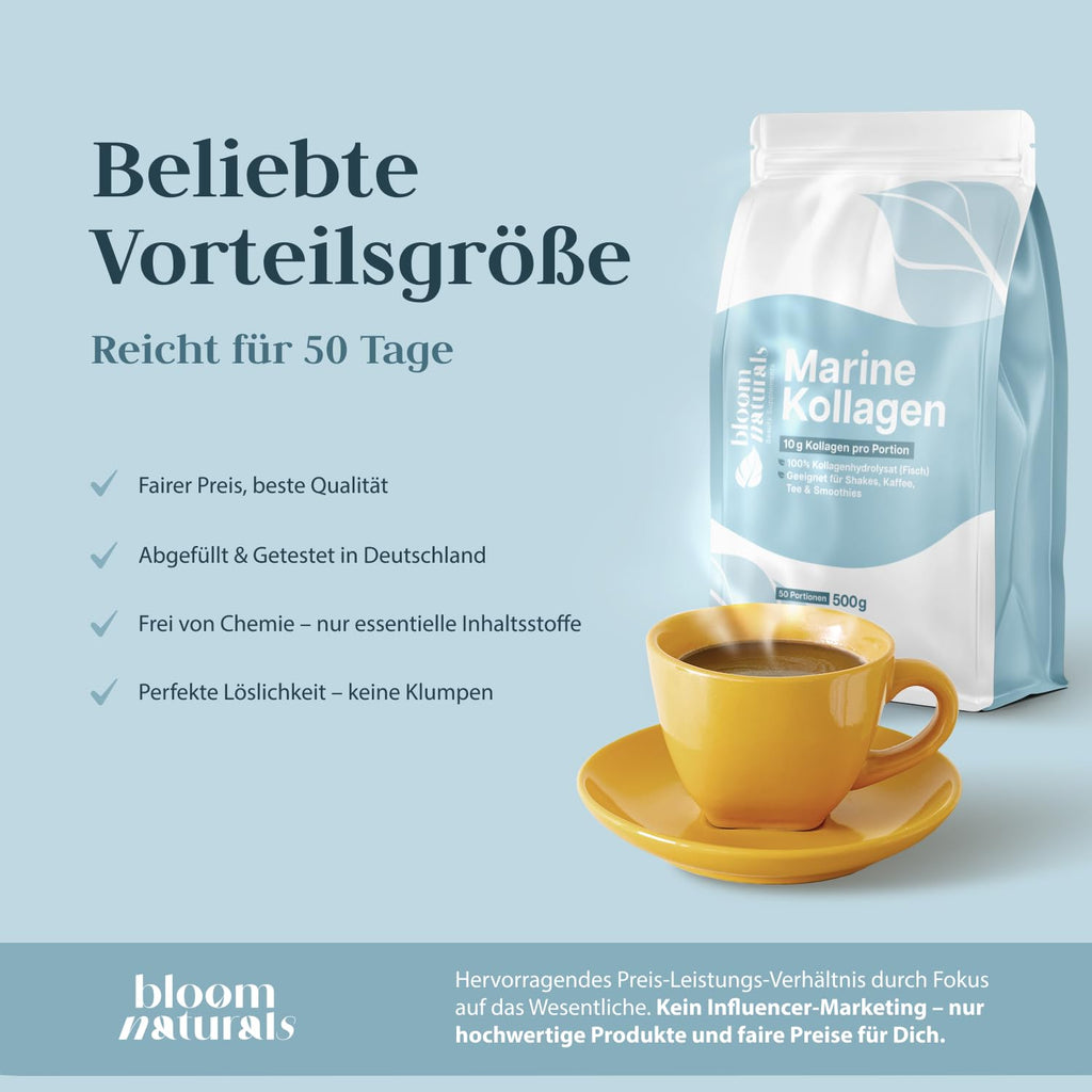 Marine Collagen Pulver - 500g - Hochdosiert & Geschmacksneutral, Fischkollagen, Meereskollagen, Fisch Kollagen - Laborgeprüft & produziert in Deutschland - Verpackung kann variieren
