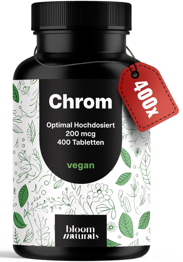 Chrom Picolinat hochdosiert - 400x Tabletten hochdosiert mit 200 mcg Chrom pro Tablette - vegan und produziert in Deutschland - Verpackung kann variieren