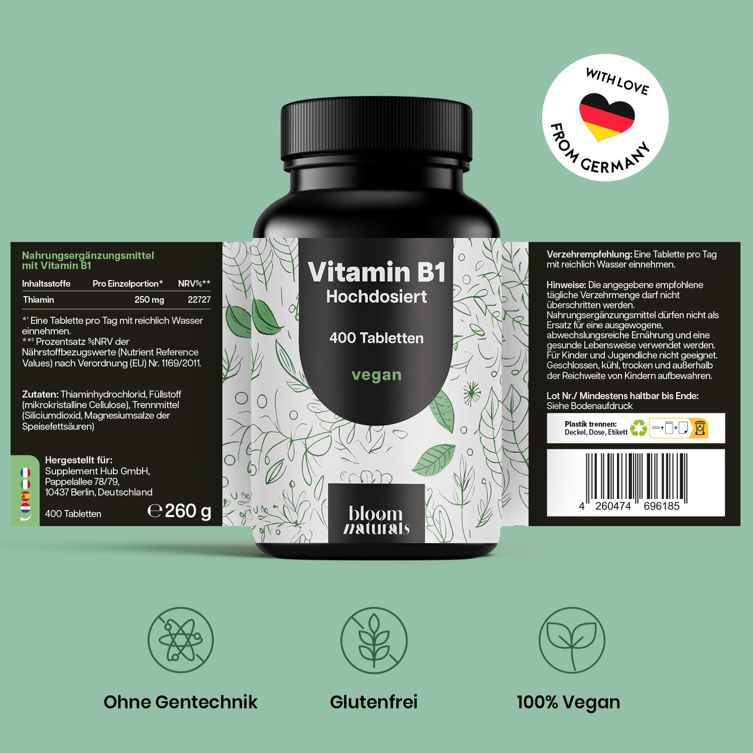 Vitamin B1 250mg - 400 Tabletten, Vegan & Laborgeprüft