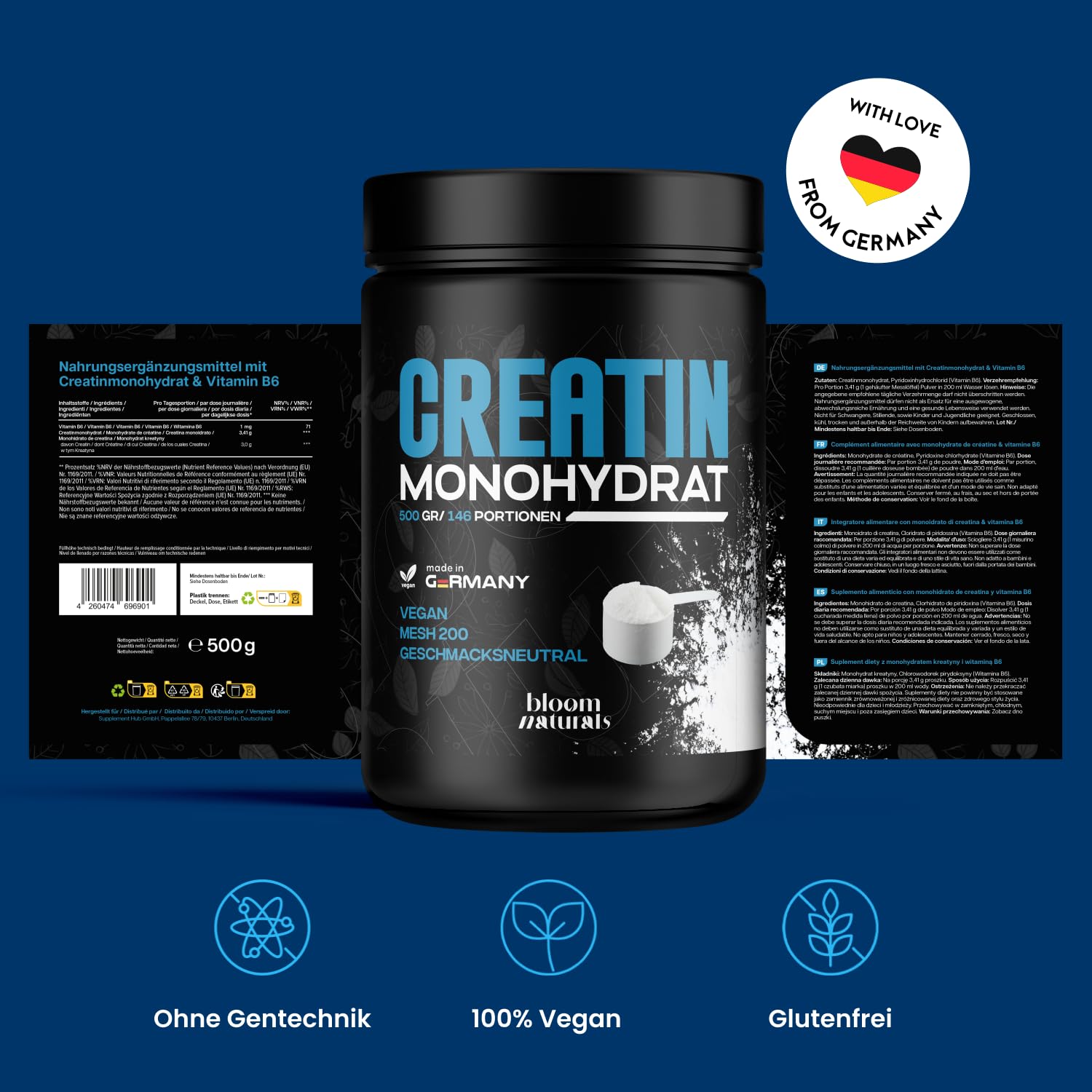 Creatin Monohydrat Pulver 500g - Kreatin Monohydrat in mikronisierter Qualität 100% vegan - Laborgeprüft - Verpackung kann variieren