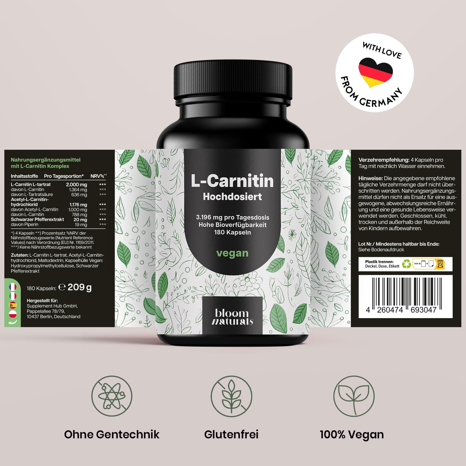 Hochdosierte L-Carnitin Kapseln 3196mg - 180 Vegane Kapseln