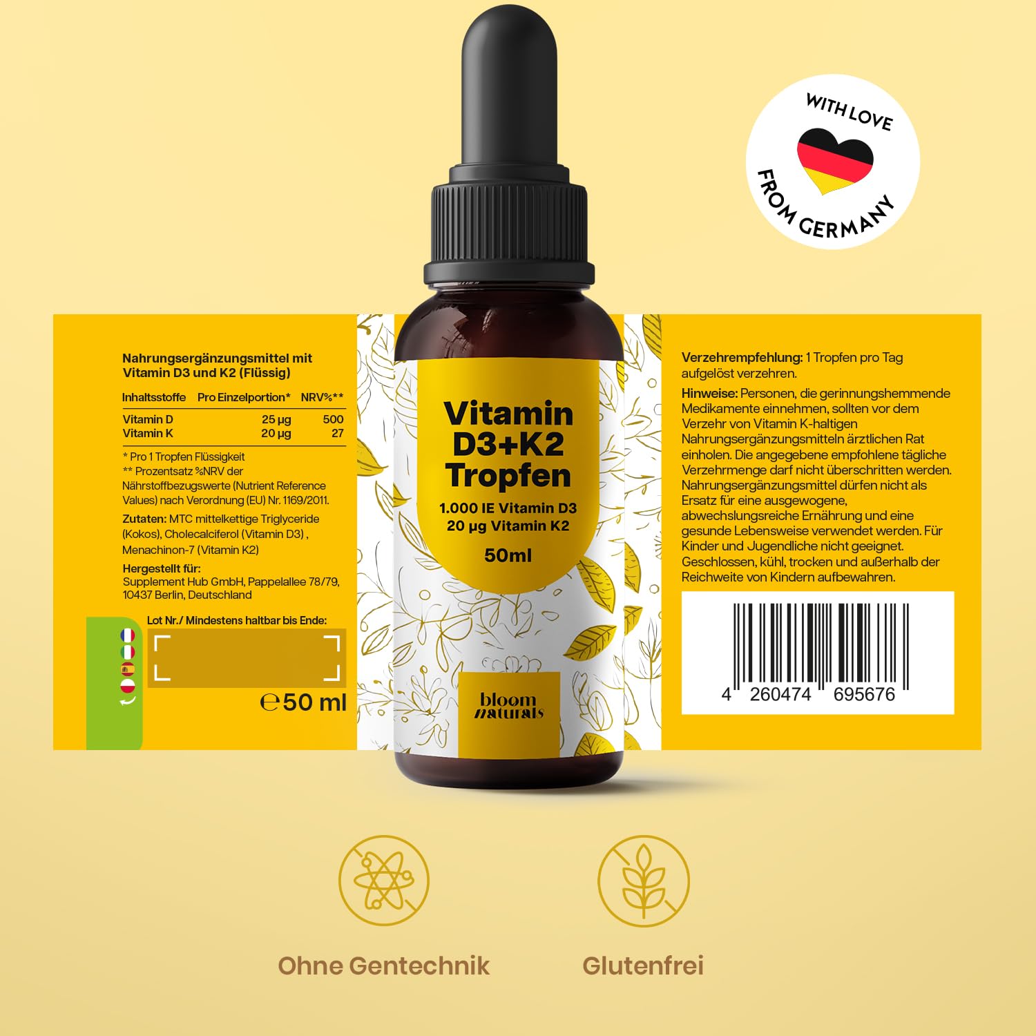 Vitamin D3 K2 Tropfen 50ml - Hochdosiert 1000 IE D3
