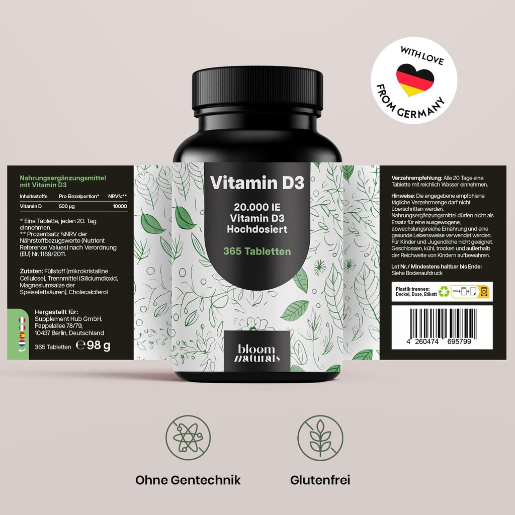 Vitamin D3 20000 IE - 365 Tabletten für Immunsystem & Knochen