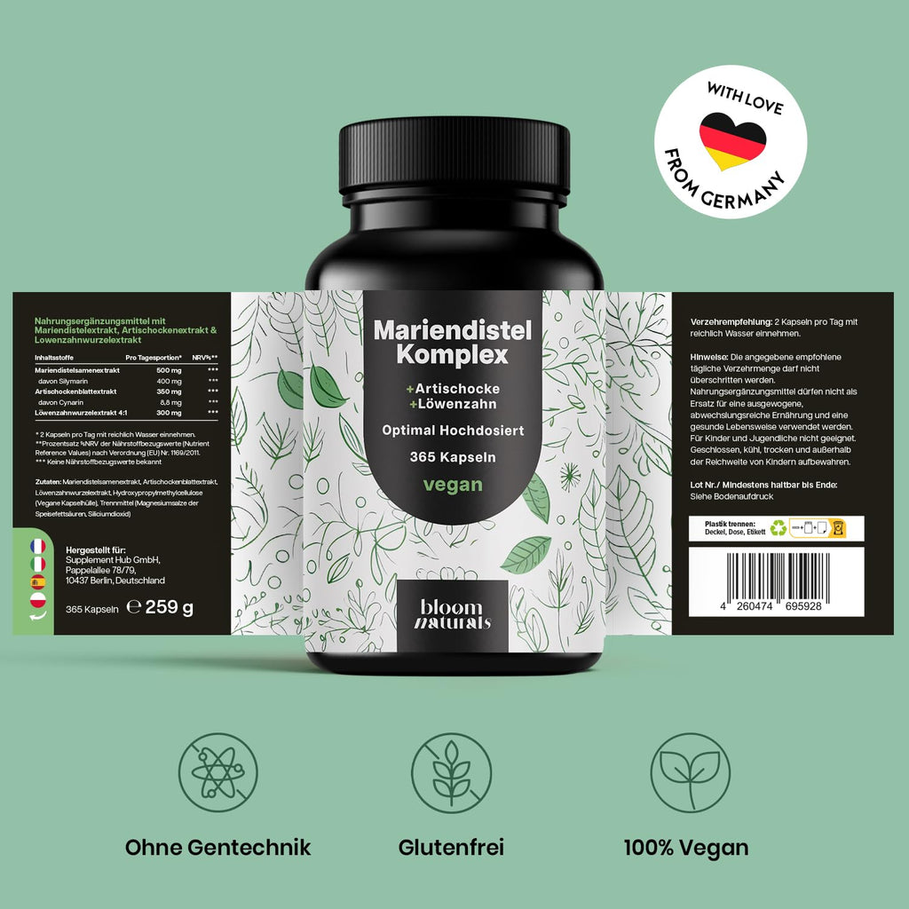 3-in-1 Leberkur: Mariendistel, Artischocke, Löwenzahn - 365 Kapseln
