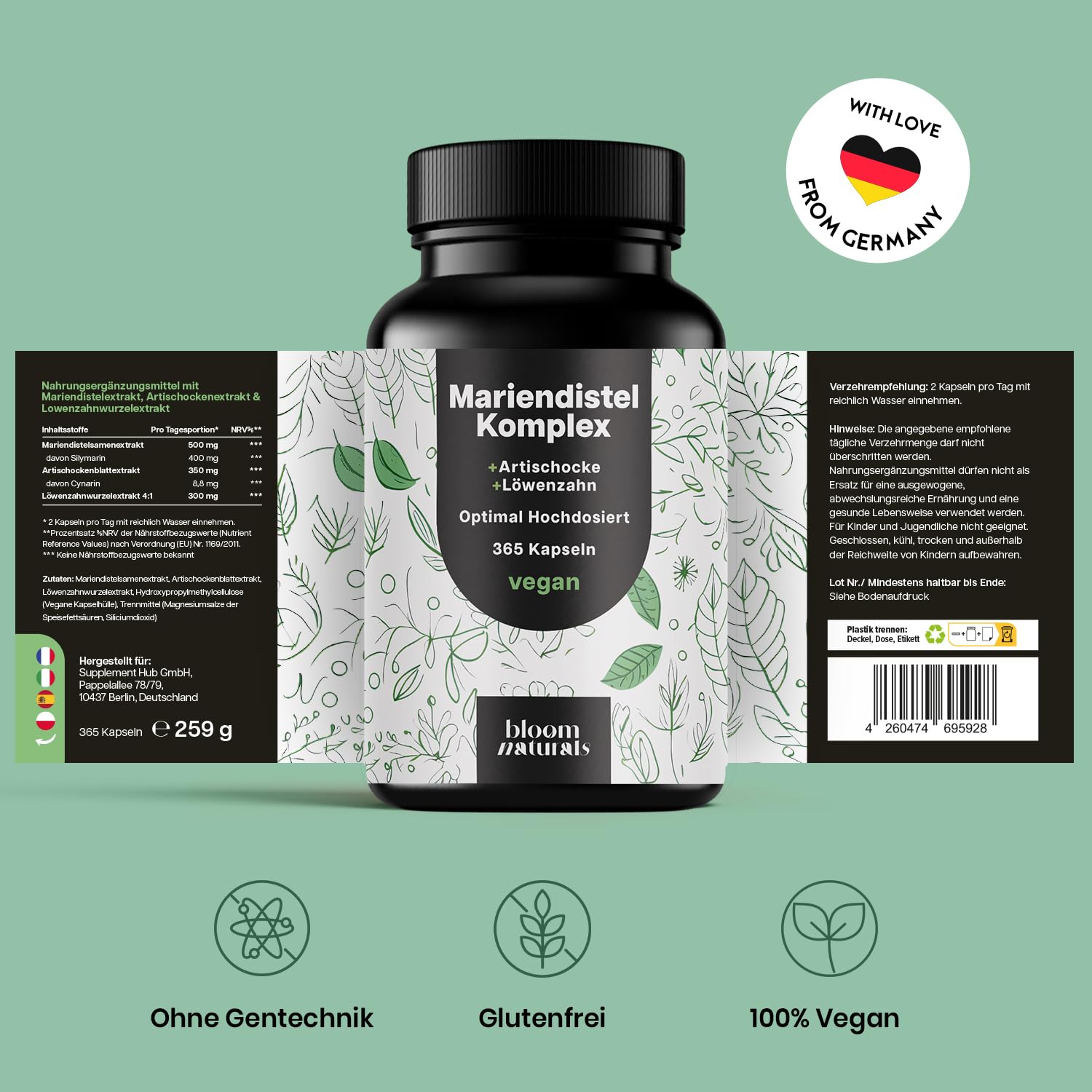 3-in-1 Leberkur: Mariendistel, Artischocke, Löwenzahn - 365 Kapseln