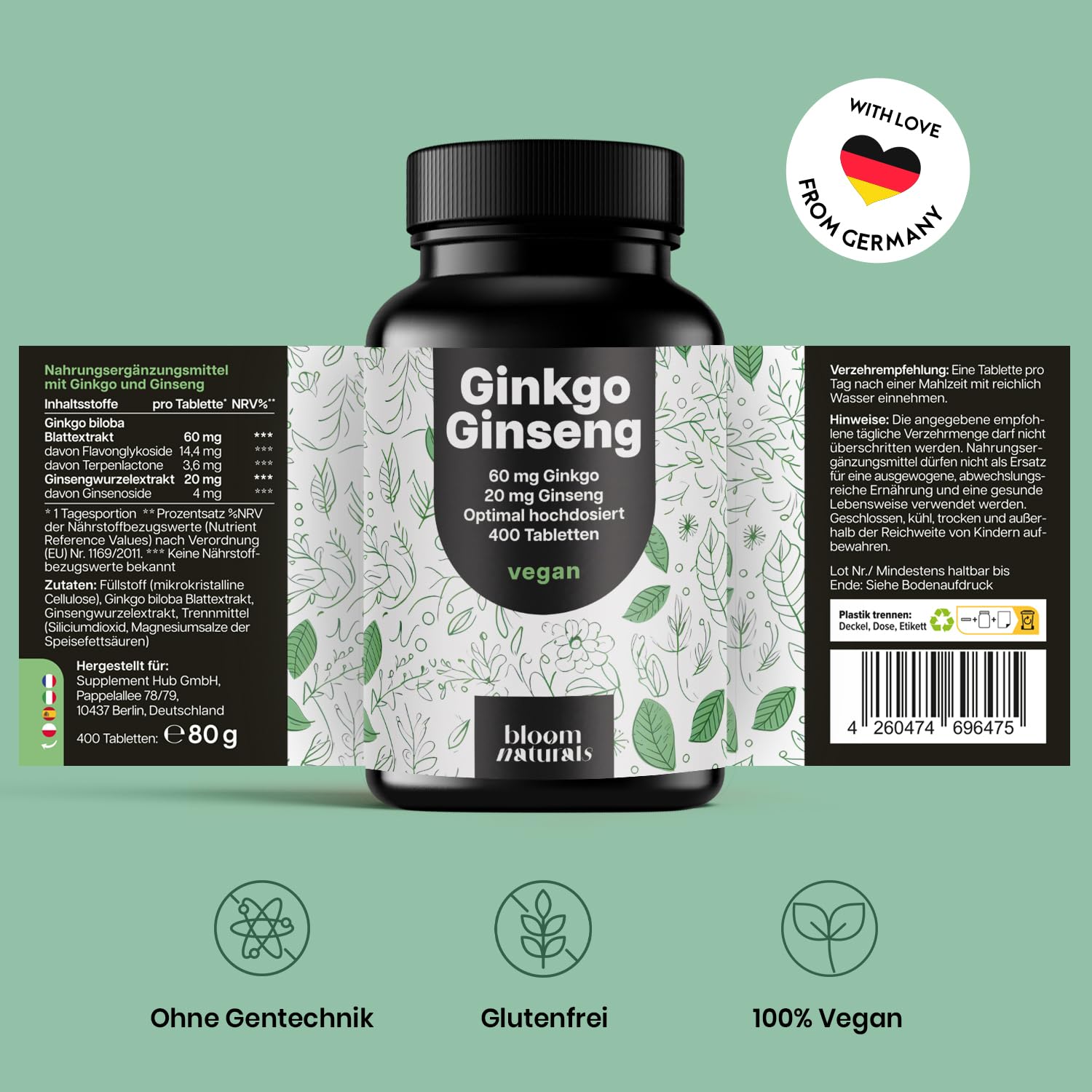 Hochdosierte Ginkgo + Ginseng Tabletten - 400 Stück, Vegan