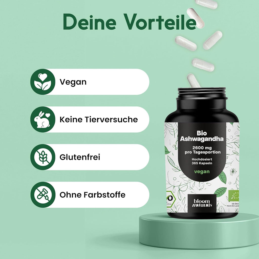 Bio Ashwagandha Kapseln 365 - Hochdosiert & Vegan