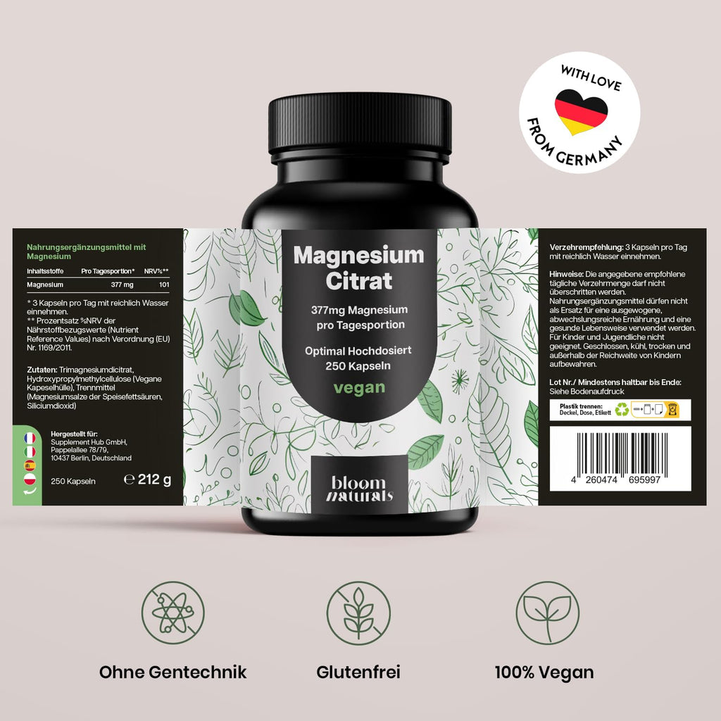 Bioverfügbares Magnesiumcitrat - 250 hochdosierte Kapseln