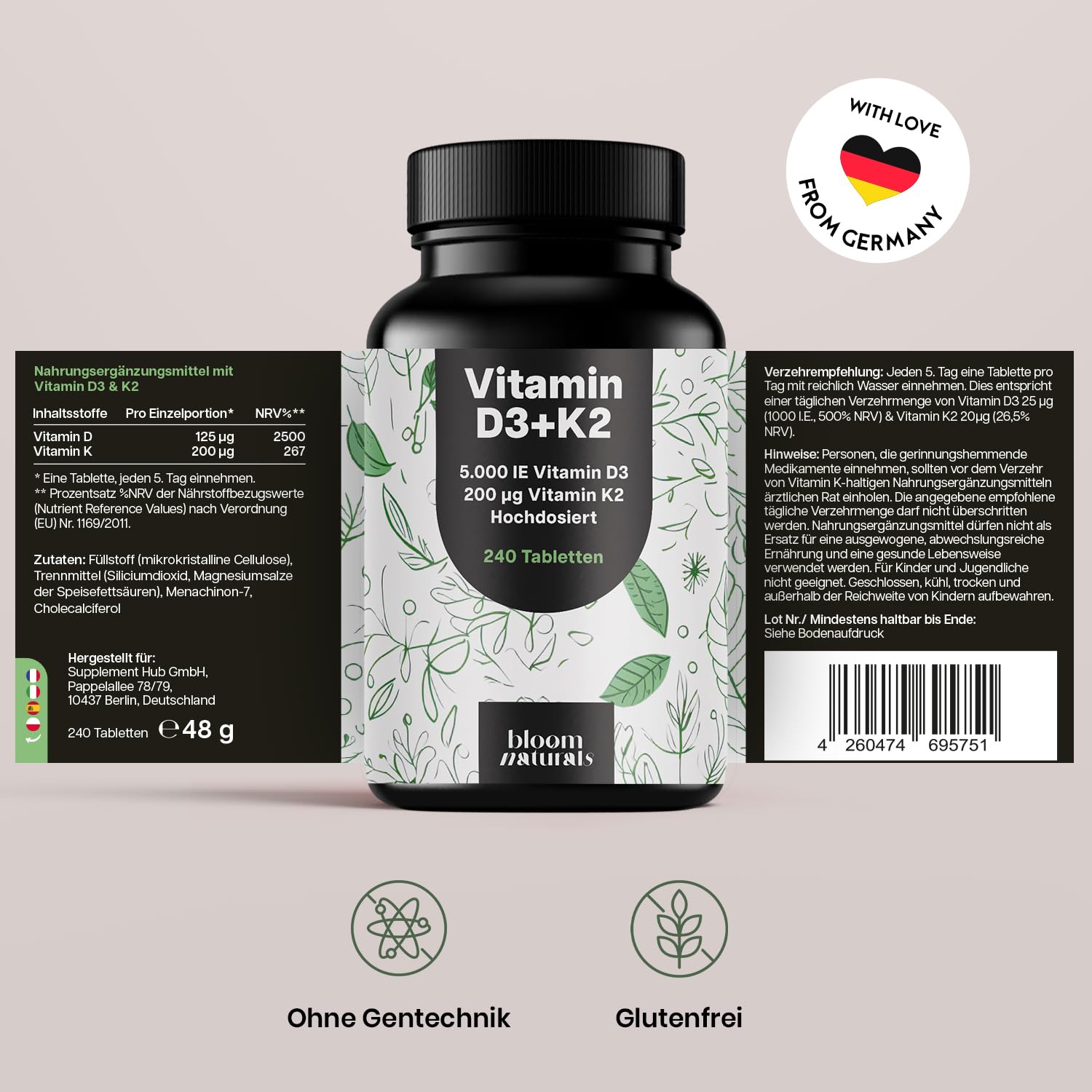 Vitamin D3 K2 5000 IE – 240 Tabletten, hochdosiert