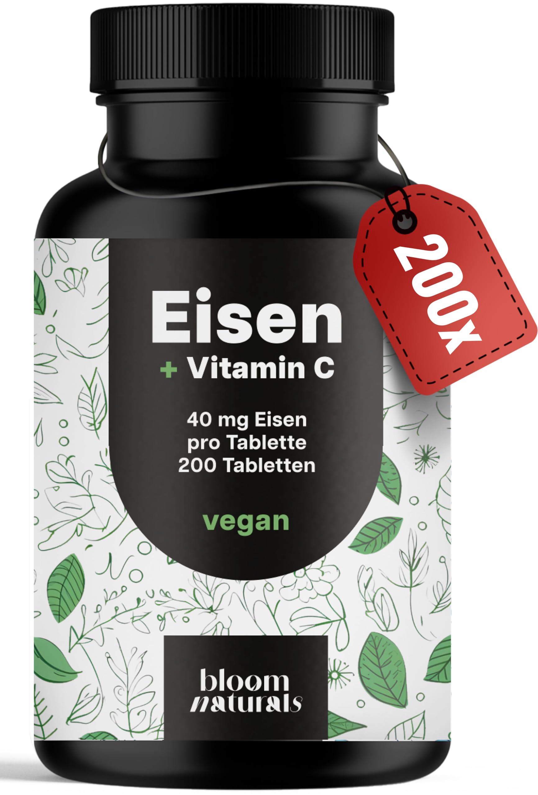 Eisen Vitamin C Tabletten hochdosiert - 200 Tabletten - Hohe Bioverfügbarkeit, 40 mg Eisen pro Tablette - Vegan & produziert in Deutschland - Verpackung kann variieren