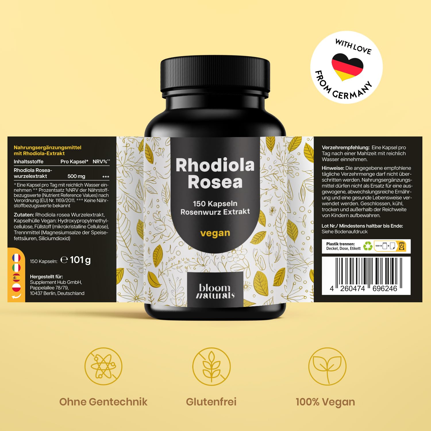Hochdosierte Rhodiola Rosea Kapseln - 150 Stück - Vegan
