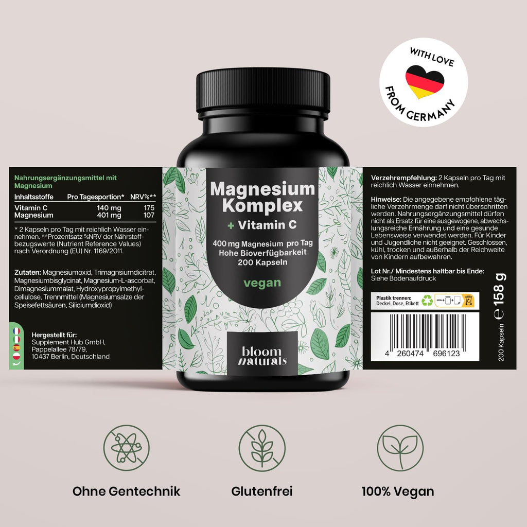 Magnesium Komplex 400mg + Vitamin C - 200 Kapseln