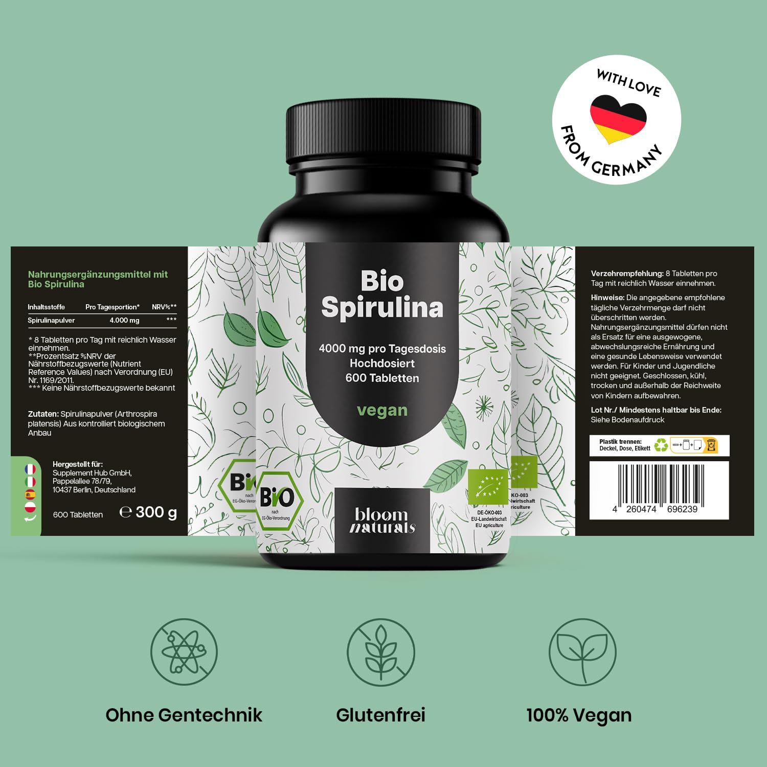 Hochdosierte Bio Spirulina Tabletten - 600 Stück, Vegan