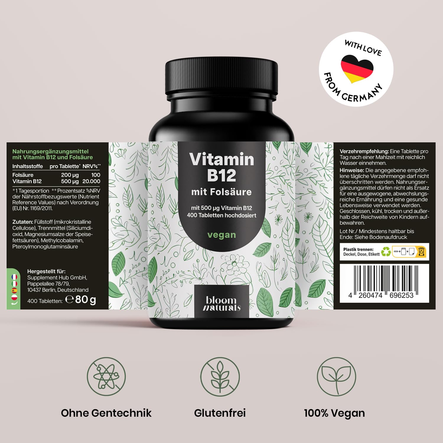 Hochdosiertes Vitamin B12 500µg + Folsäure 200µg - 400 Tabletten