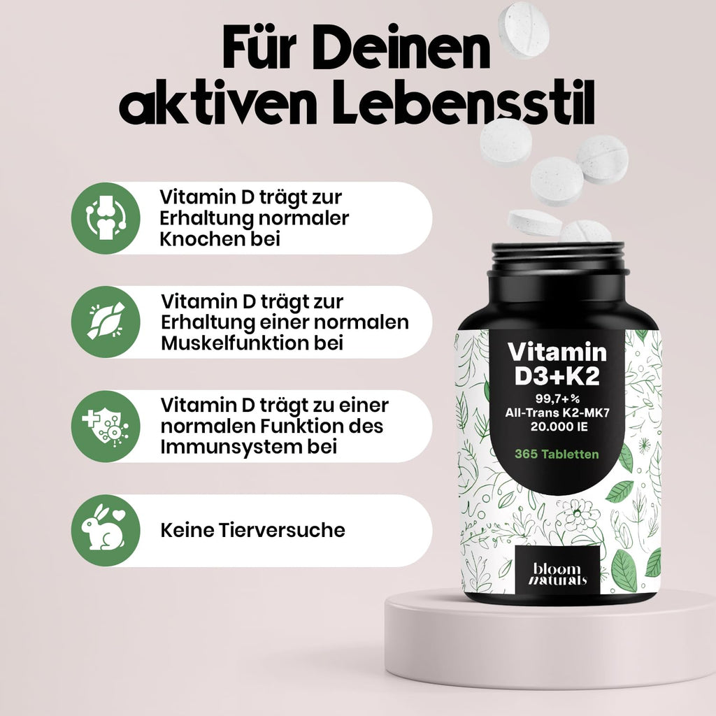 Vitamin D3 K2 20,000 IE – 365 Tablets – XXL Family Pack