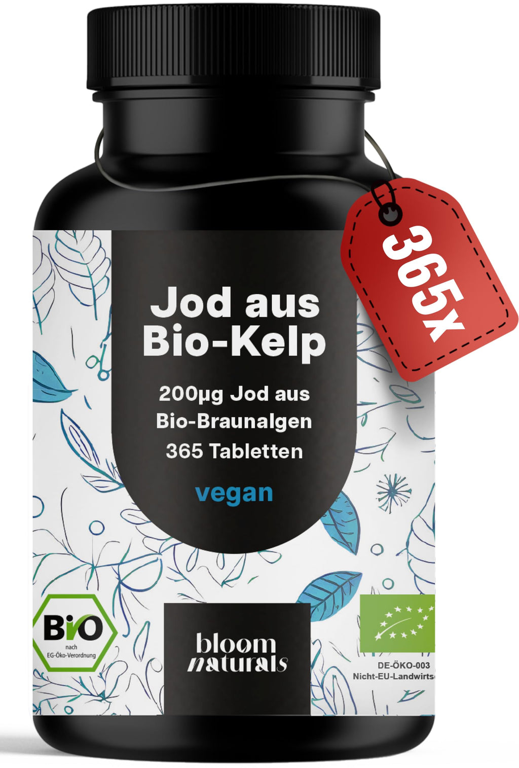 Jod Tabletten aus Bio-Kelp hochdosiert - 365 Tabletten - 200 µg Jodtabletten, vegan & produziert in 