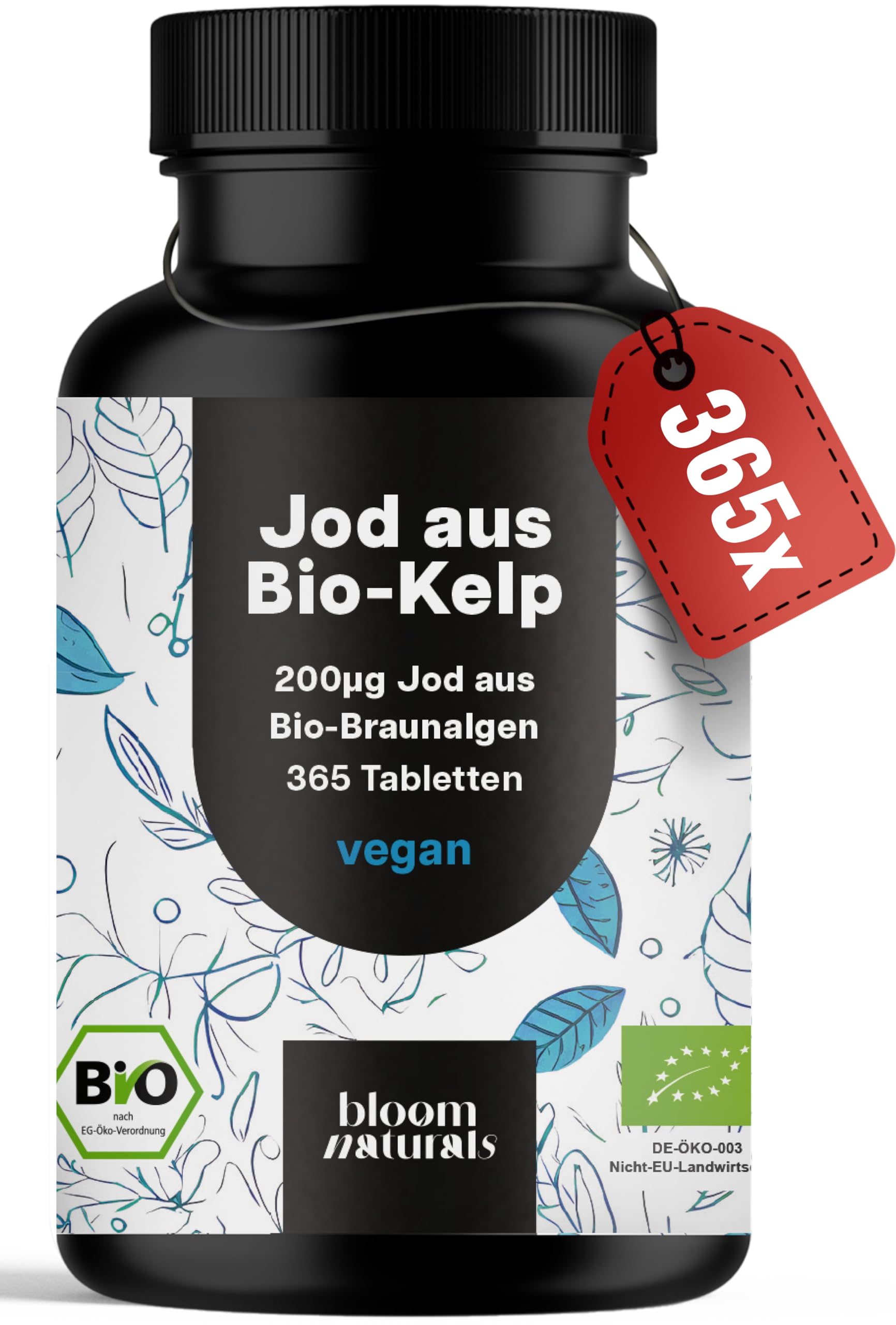 Jod Tabletten aus Bio-Kelp hochdosiert - 365 Tabletten - 200 µg Jodtabletten, vegan & produziert in 