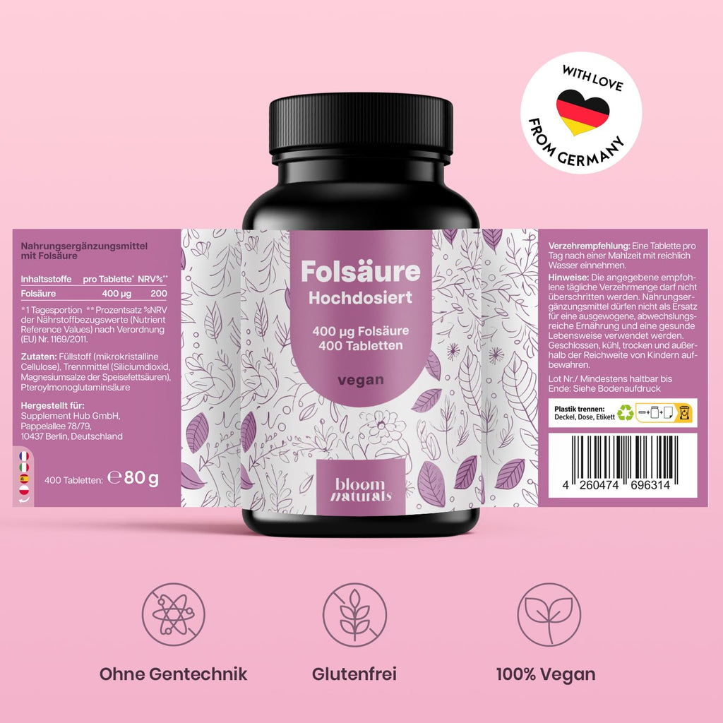 Bioaktive Folsäure 400µg - 400 Tabletten, vegan & hochdosiert