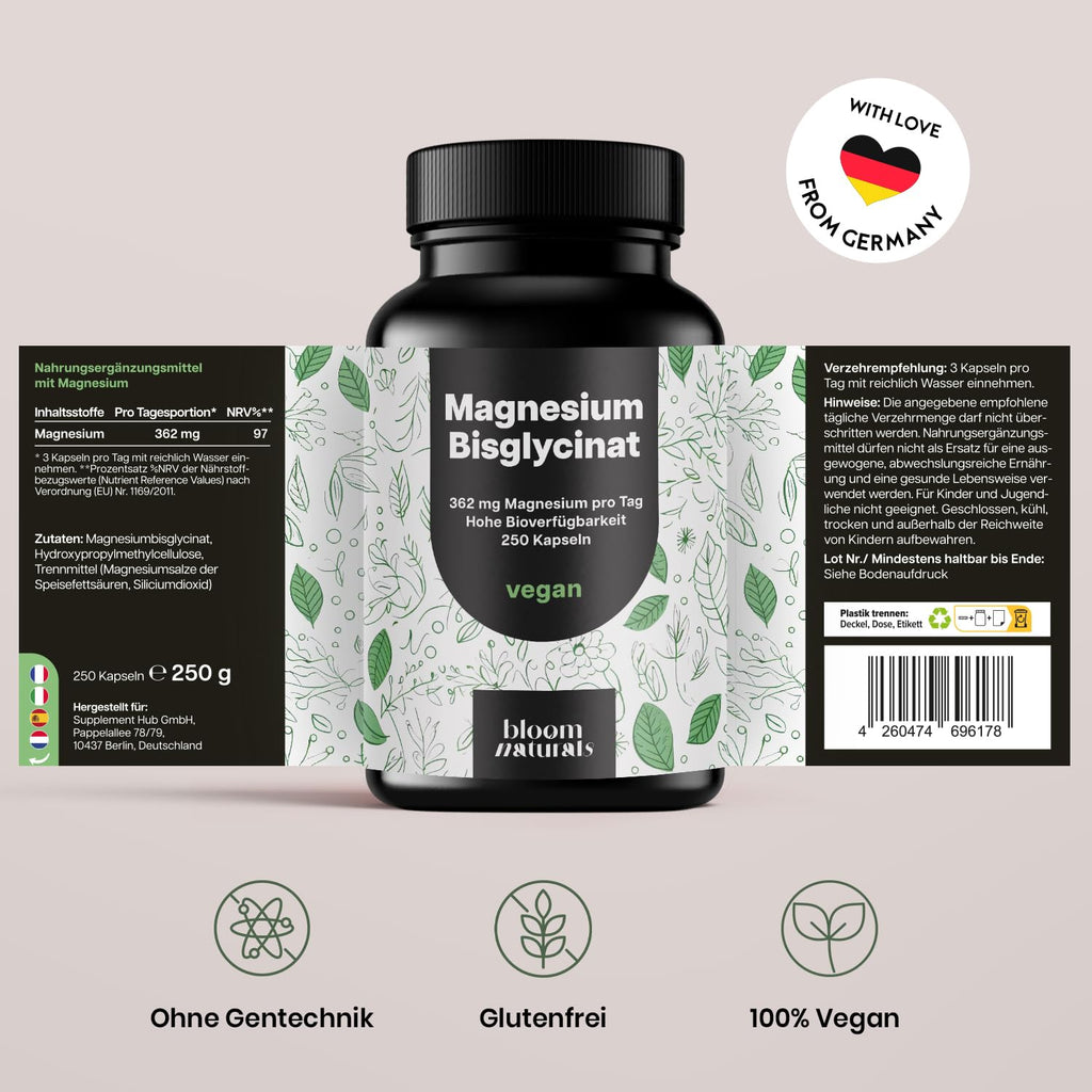 Magnesium Bisglycinat 250 Kapseln - Vegan & Laborgeprüft