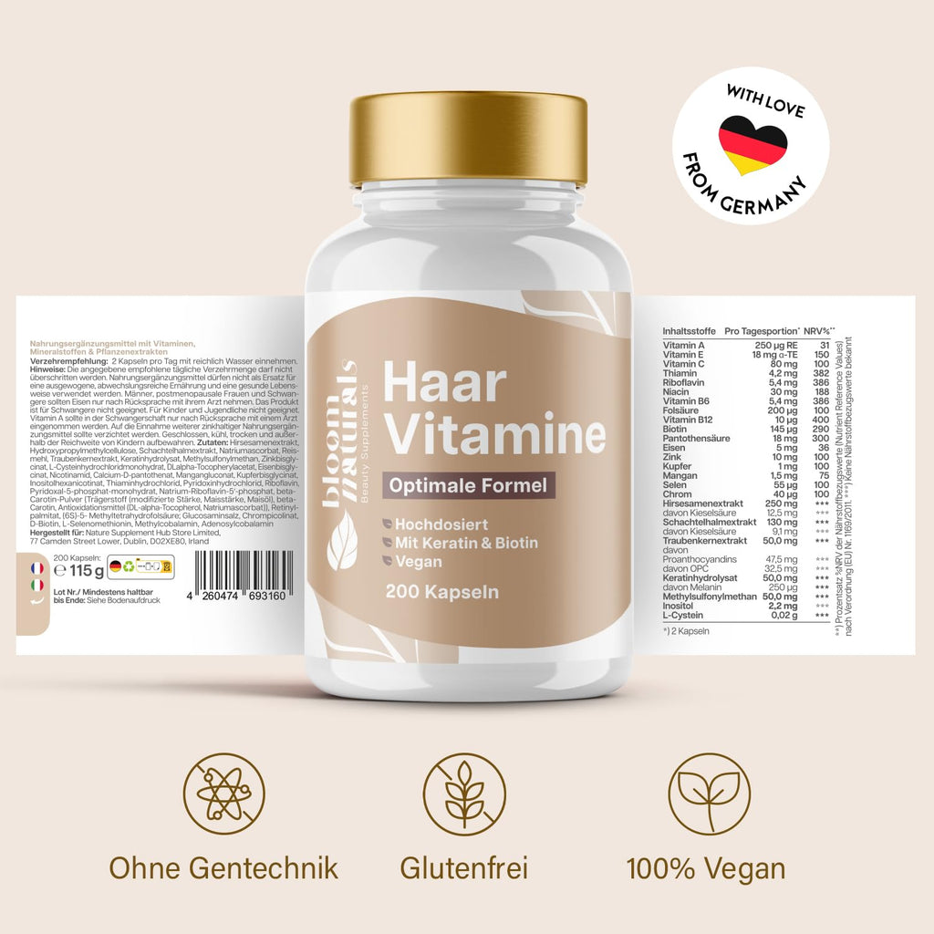 Haar Vitamine 200 Kapseln - Biotin, Selen, Zink & Keratin