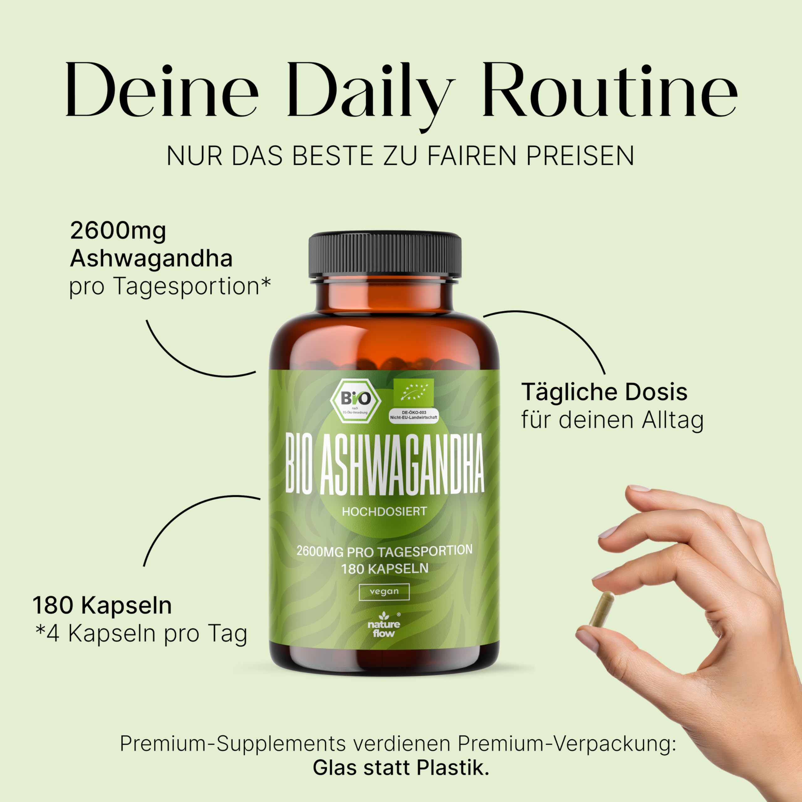 Bio Ashwagandha 180 Kapseln Optimal hochdosiert 2600mg pro Tagesportion Vegan Bild 2