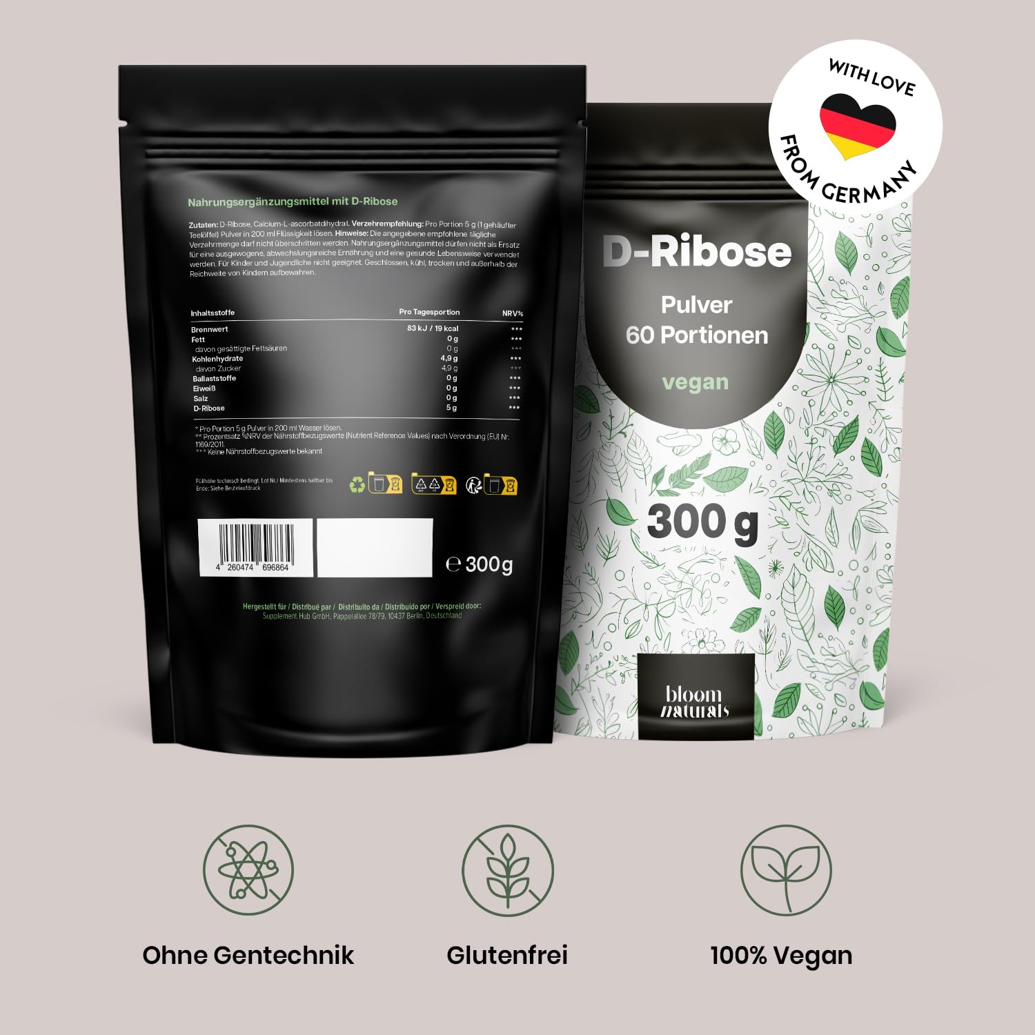 D-Ribose Pulver 300g – 60 Portionen, Vegan, Laborgeprüft
