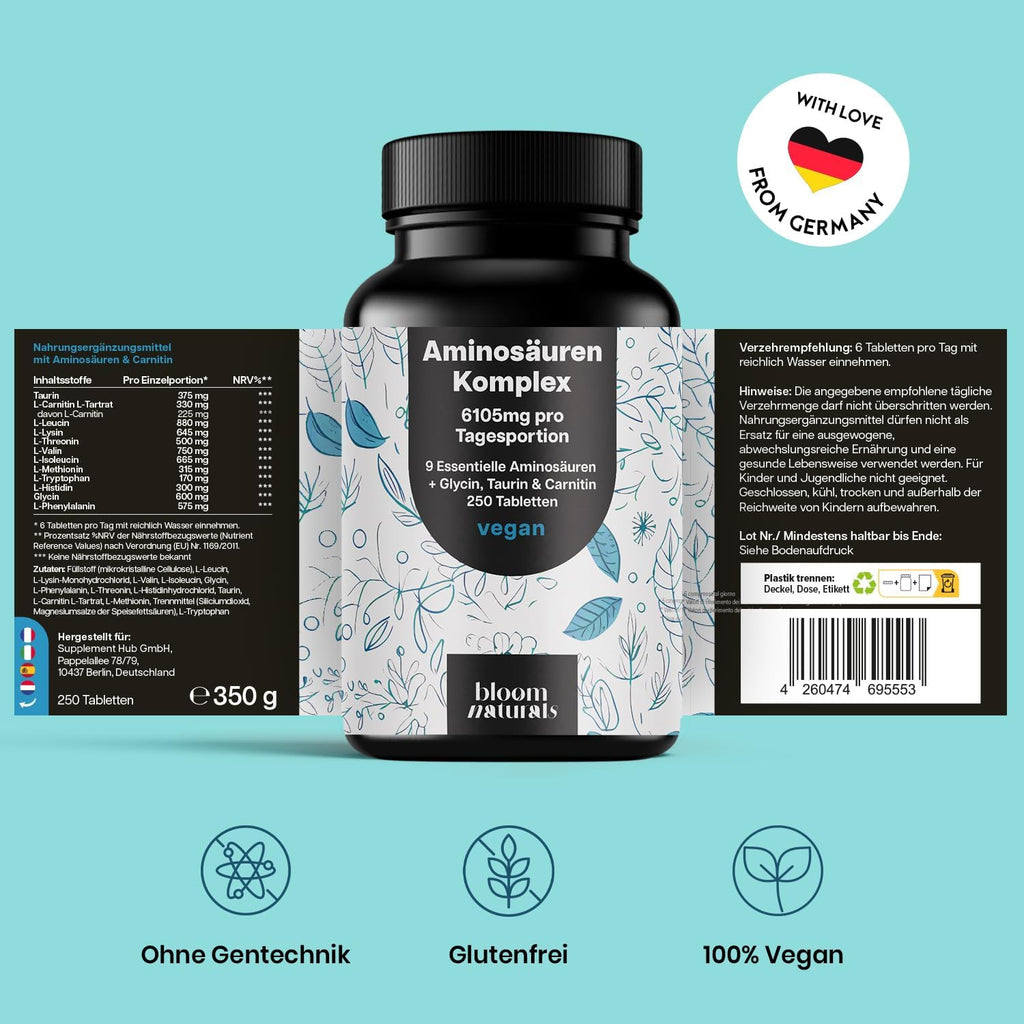250 Vegan Aminosäuren Kapseln - 9 Essentielle + Glycin & Taurin