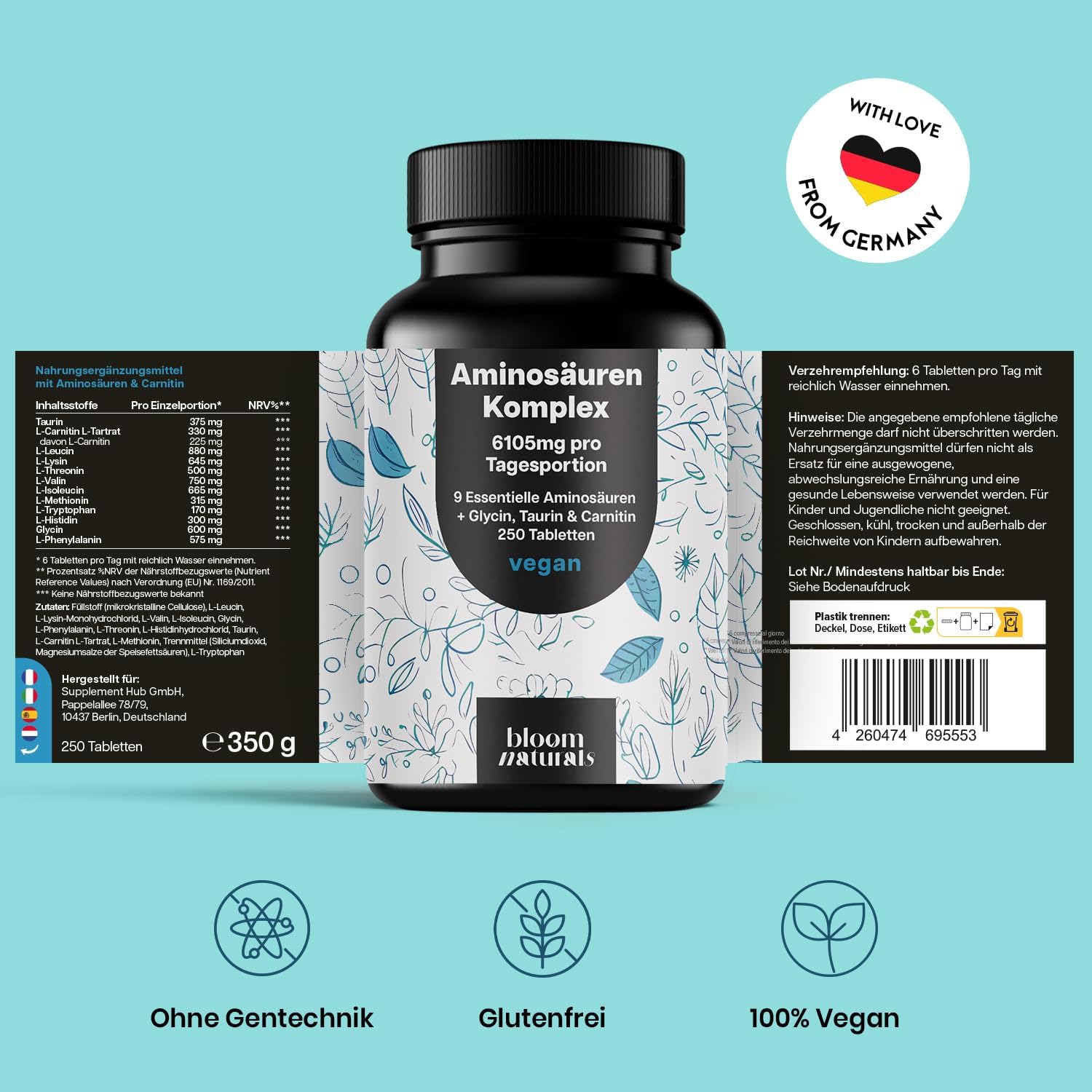 250 Vegan Aminosäuren Kapseln - 9 Essentielle + Glycin & Taurin