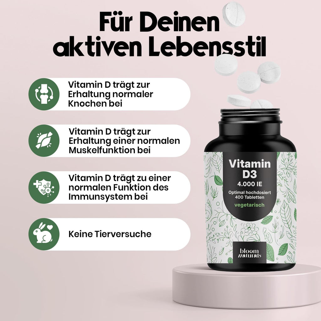 Vitamin D3 4000 IU - 400 Tabletten für Immunsystem & Knochen