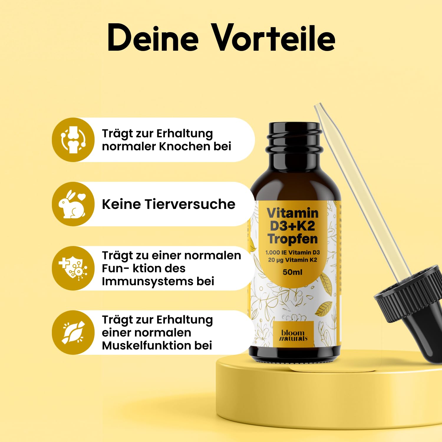 Vitamin D3 K2 Tropfen hochdosiert - 50 ml - 1.000 IE D3 + 20 µg K2, Vitamin D produziert in Deutschland - Verpackung kann variieren Laborgeprüft
